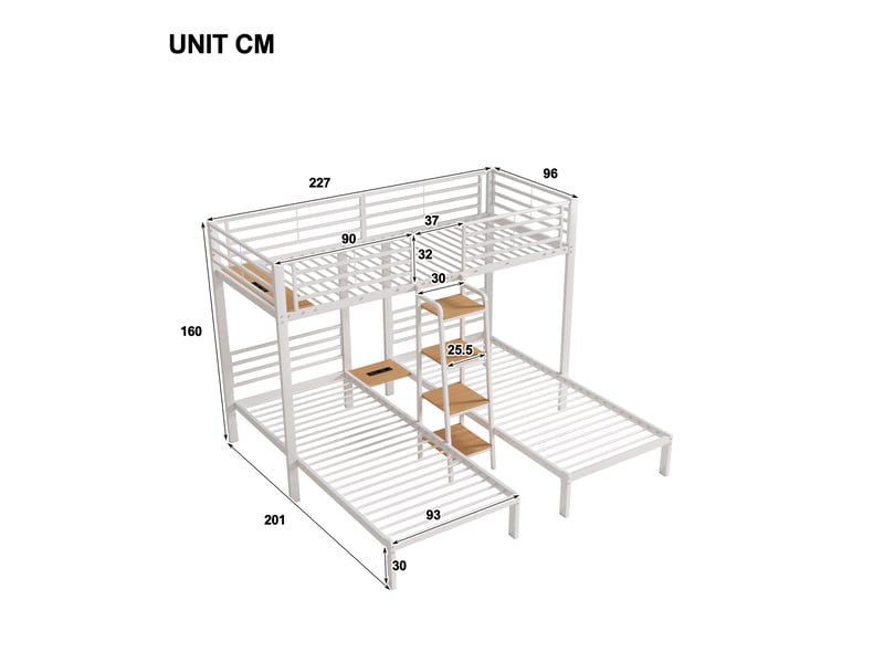  Lit superposé triple 90x200 cm en métal et mdf, 3 couchages en l, échelle intégrée à 4 marches et barrières de sécurité, blanc  - Conforama C