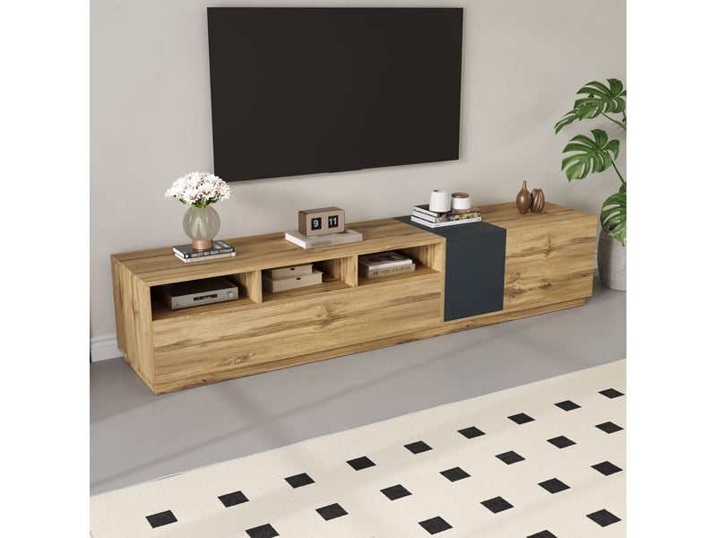  Meuble tv modenvie 200 x 45 x 45 cm avec rangements, panneaux de particules noir, gris et bois  - Conforama E