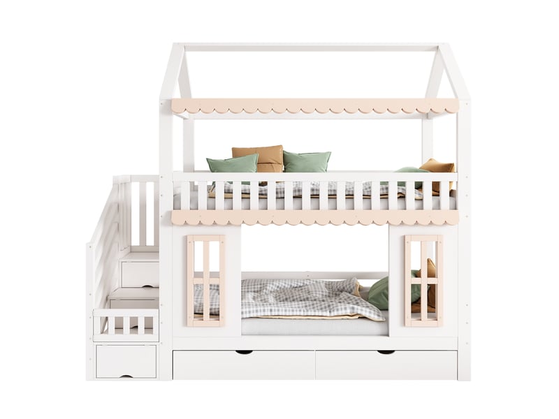  Lit superposé enfant cabane 90x200 cm, rangements et 2 tiroirs, blanc naturel  - Conforama A