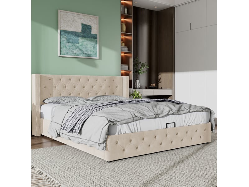  Lit double 140 x 190 cm avec coffre hydraulique en velours beige  - Conforama C