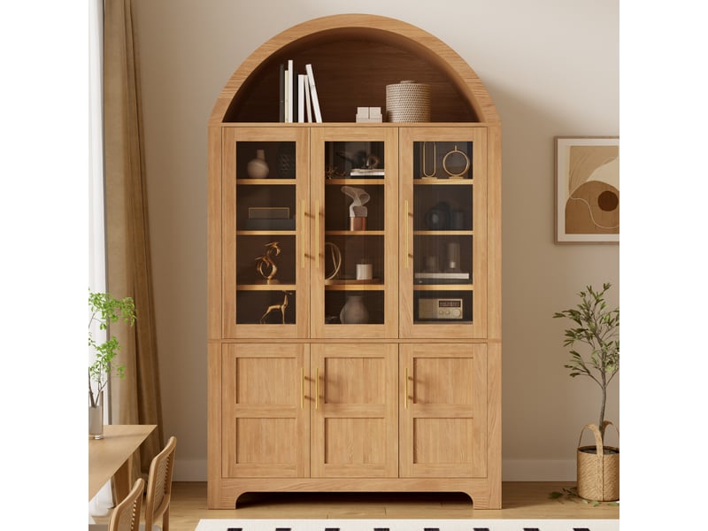  Buffet haut 110x40x185cm, 3 vitrines en verre, 3 compartiments fermés, étagères réglables, niche arrondie, mdf et panneaux de particules, naturel ABC - Conforama B