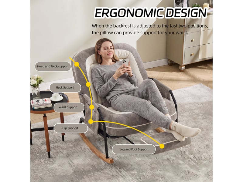  Fauteuil à bascule surdimensionné pour terrasse avec repos-pieds, poche latérale, coussin rembourré, dossier réglable, gris clair  - Conforama W