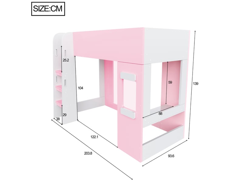  Lit mezzanine en bois 90×200 cm - avec éclairage led - avec petit bureau - avec barrières de sécurité - rose (matelas non inclus)  - Conforama C
