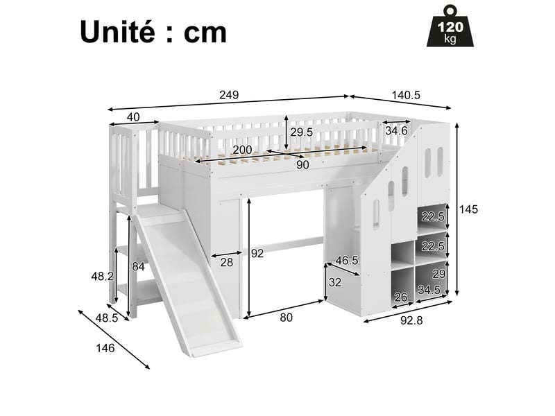 Lit mezzanine en métal, lit simple avec échelle, armoire et garde-corps, 90x200 cm, sans matelas, blanc - Conforama D