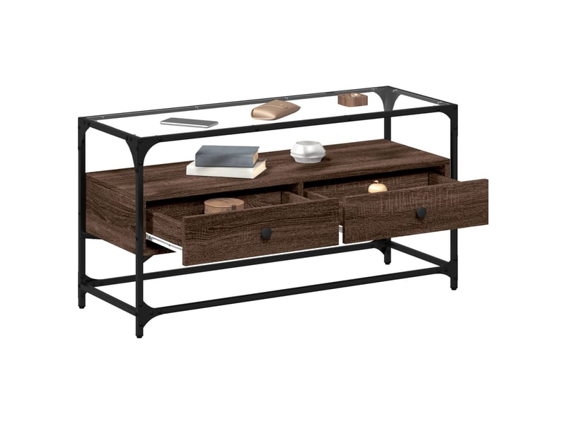  Meuble tv - banc tv - meuble de rangement avec dessus en verre chêne marron bois d'ingénierie  - Conforama C