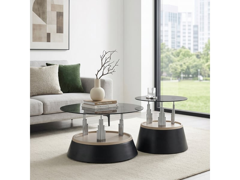  Tables basses gigognes rondes 2 pièces en verre trempé et métal pour salon, finition noire  - Conforama A