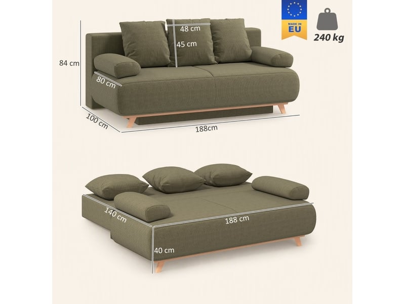  Canapé convertible 188x100x84 cm 3 places, dossier réglable, rangement caché, panneau de particules et bois, vert foncé, sans matelas  - Conforama E