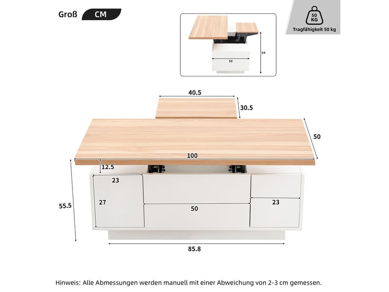  Table basse, plateau relevable double mécanisme table basse salon, rangement intégré discret, capacité charge 50 kg  - Conforama C