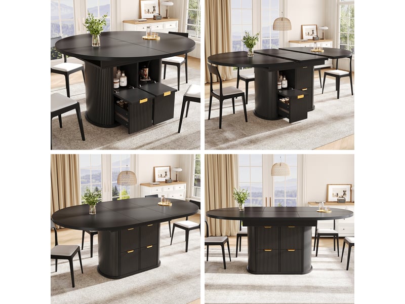  Table de salle à manger ovale extensible 118158x118x76.8 cm pour 4 à 6 personnes, 2 tiroirs, rangements rabattables, rayures en relief - noir  - Conforama D