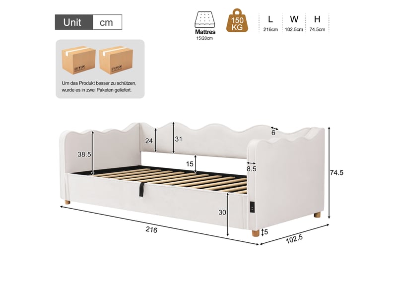  Lit coffre 90x200 lit banquette velours beige avec sommier et port usb  - Conforama C