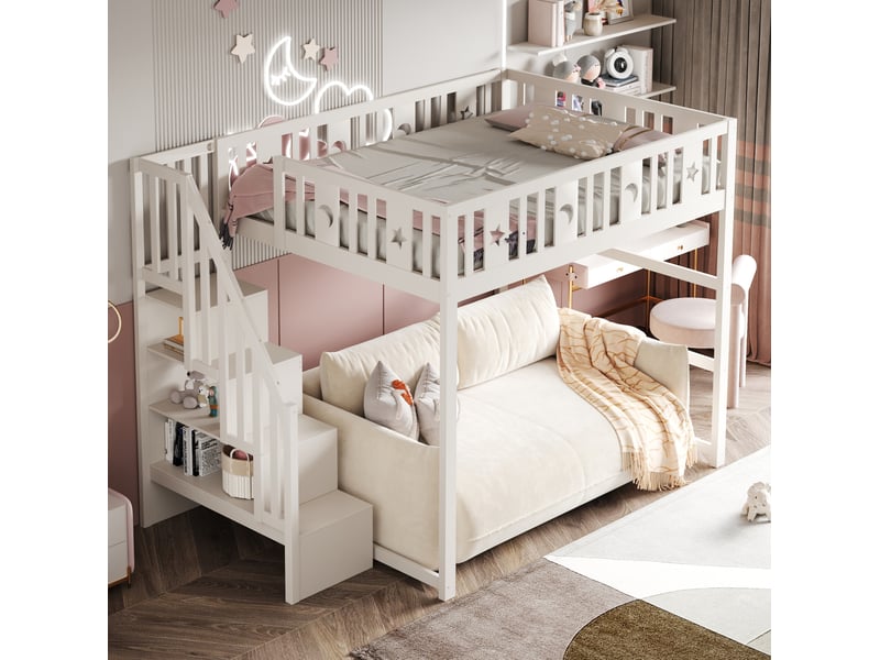  Lit mezzanine enfant 140x200 cm avec escalier, bois blanc, garde-corps de sécurité, décorations étoiles et lune, sans matelas  - Conforama E