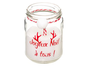 Bougie avec pompon 7x9cm 120 gr avec pot verre rouge blanc