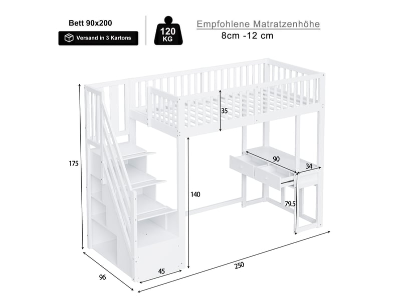 Lit mezzanine enfant 90x200 cm – blanc – escalier de rangement et bureau multifonction – sans matelas  - Conforama C