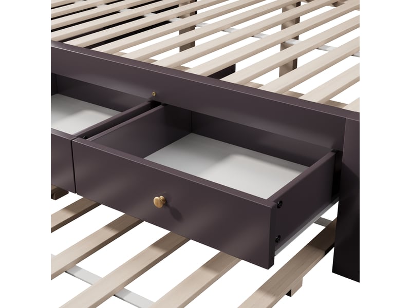 Lit double 140x200 cm avec 3 tiroirs et lit d'appoint coulissant brun café, sans de tête de lit ni de matelas - Conforama R