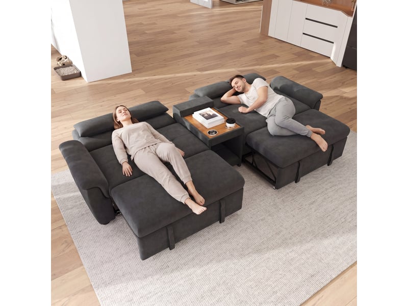 Canapé d'angle convertible en u, tissu chenille gris foncé, lit double extensible avec dossier réglable pour grand salon, 284x138x89 cm - Conforama B
