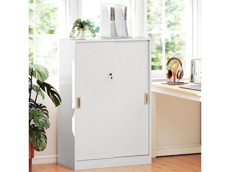  Armoire de bureau à 3 étagères avec 2 serrures de sécurité, panneaux de particules, 80 x 40 x 120 cm, blanche  - Conforama D