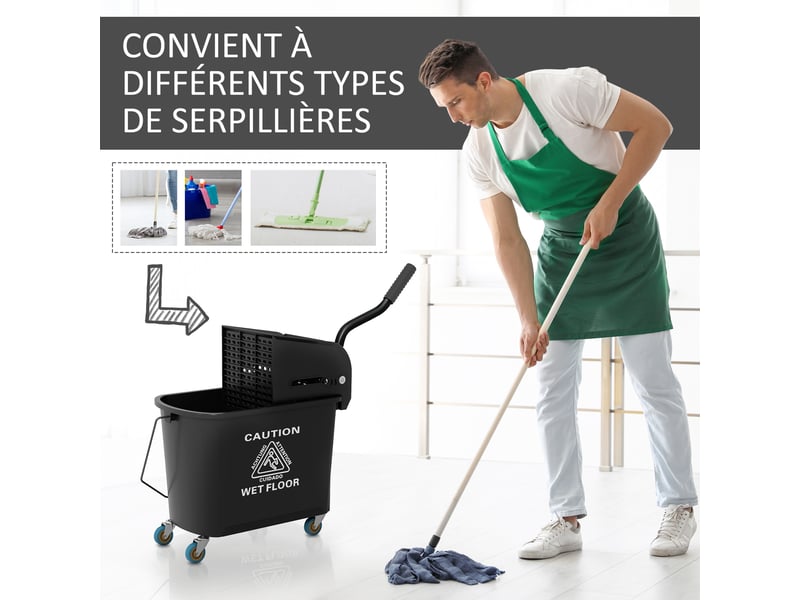  Chariot de nettoyage lavage seau de ménage 20 l 60l x 27l x 70,5h cm avec essoreur et séparateur eau sale propre noir  - Conforama W
