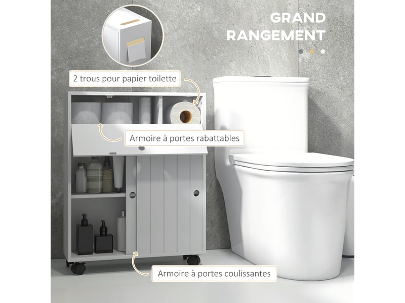  Meuble de rangement toilette salle de bain avec rangement papier toilette sur roulettes - blanc 52 x 17 x 67 cm  - Conforama D
