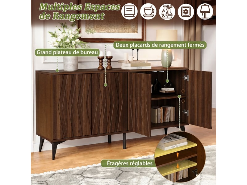  Buffet 4 portes noyer meuble de rangement 140 cm étagères réglables style rétro  - Conforama D