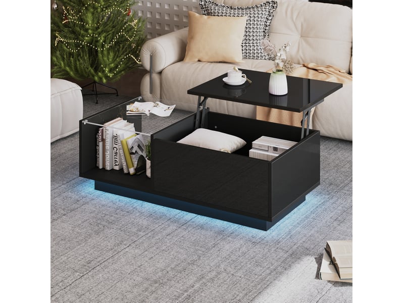  Table basse led relevable noire avec rangement 100 x 50 x 33-46,5 cm  - Conforama C