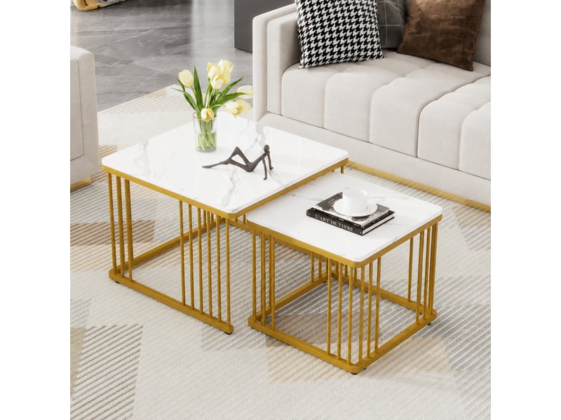  Lot de 2 tables basses gigognes carrées, effet marbre brillant, pieds réglables, blanc et doré  - Conforama B
