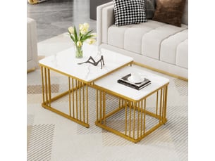 Lot de 2 tables basses gigognes carrées, effet marbre brillant, pieds réglables, blanc et doré