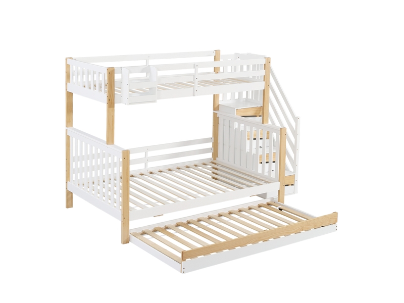  Lit superposé enfant 120x200 cm – blanc et naturel – 3 couchages, lit gigogne, escalier, sans matelas  - Conforama D