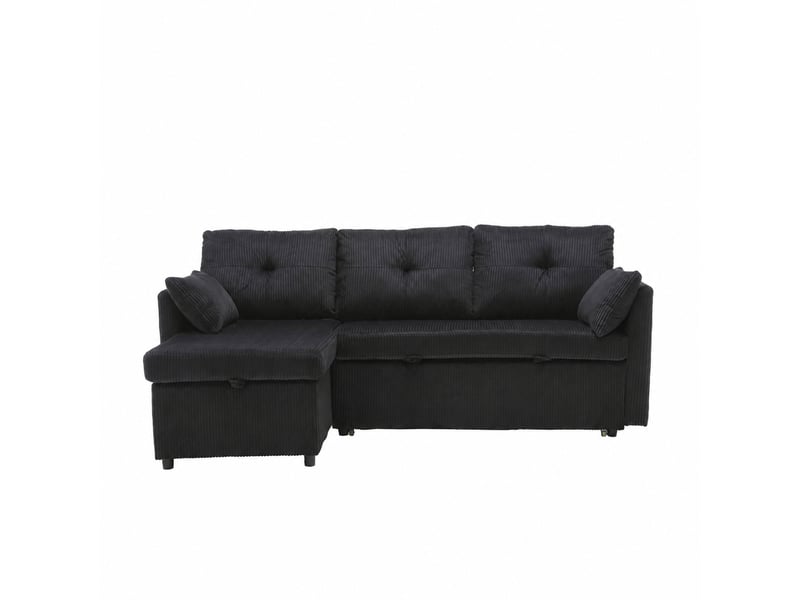  Canapé convertible 3 places, méridienne réversible, coffre et velours côtelé noir  - Conforama A
