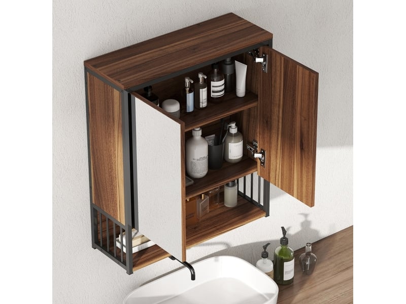  Armoire de toilette murale 56x20x65 cm – marron – 2 portes miroir à fermeture douce et rangement ouvert  - Conforama D