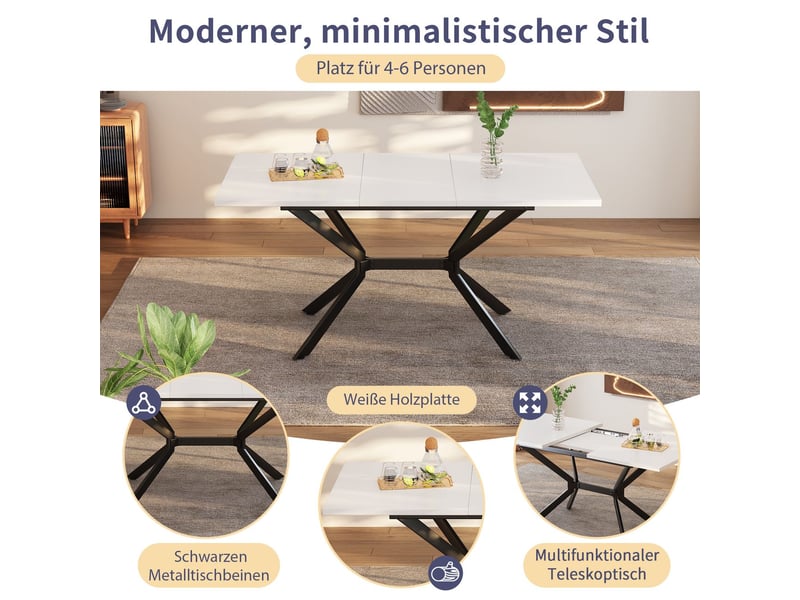  Table à manger extensible 120160x80, design blanc moderne, structure mdf, pour 4-6 personnes  - Conforama E