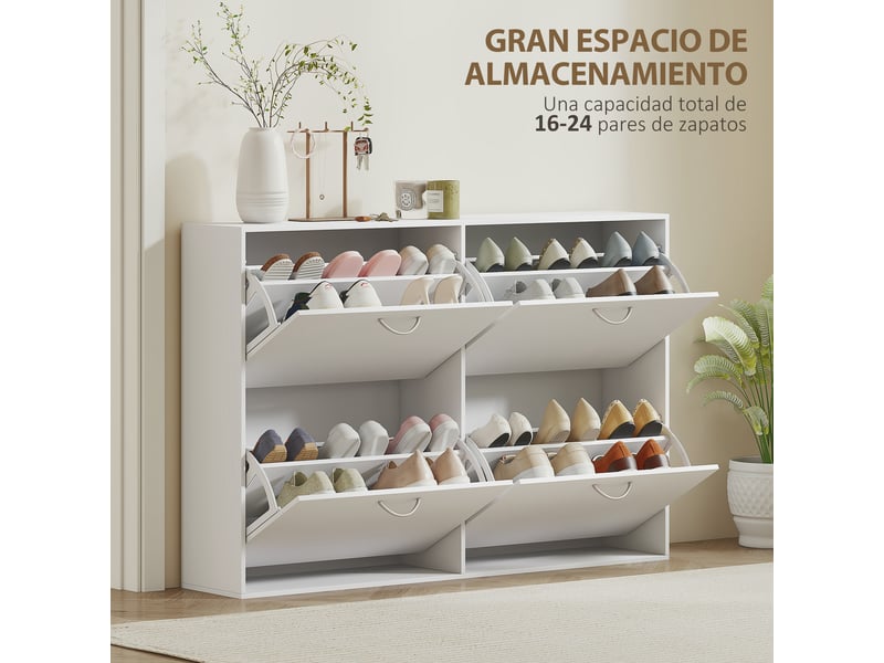  Meuble à chaussures blanc, étagère à chaussures moderne avec 4 tiroirs abattants pour 16 à 24 paires de chaussures, pour entrée, 120 x 24 x 81 cm  - Conforama E