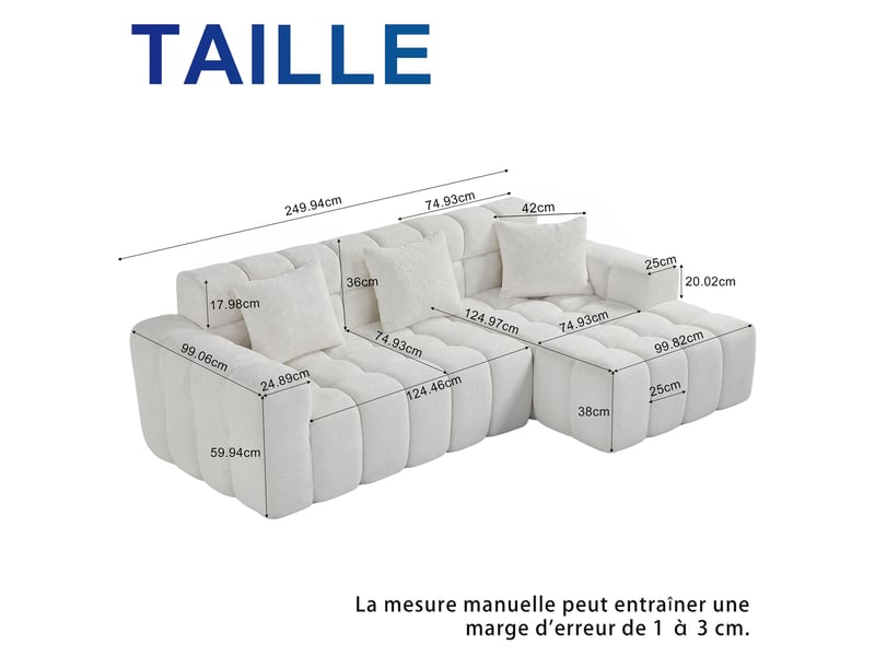 Canapé d'angle ulevr modulable en velours texturé blanc, 249,94 cm, configuration libre avec méridienne - Conforama C