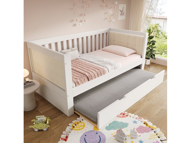 Lit gigogne 90x200 cm avec couchage coulissant en bois blanc - Conforama D