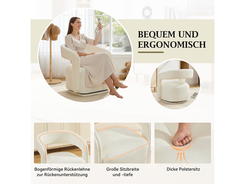  Fauteuil pivotant à 360° en tissu chenille blanc W2087P388519 - Conforama E