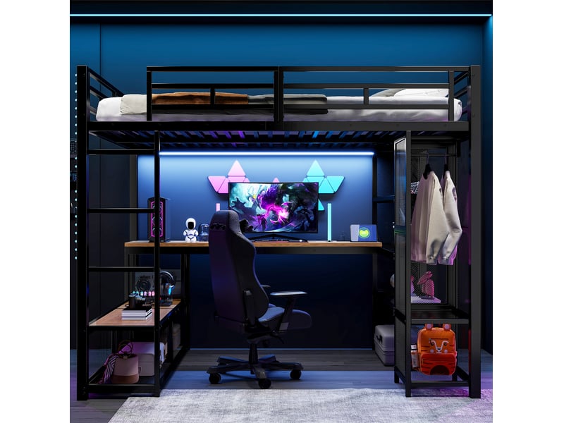 Lit mezzanine 140x200 cm avec bureau, rangements, penderie ouverte, usb led, métal mdf noir sans matelas - Conforama B