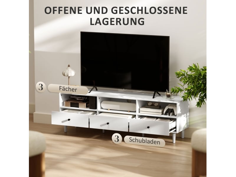  Meuble tv avec 3 tiroirs et 3 niches, passe-câbles pour salon en bois blanc jusqu’à 75 pouces 140 × 34 × 45 cm  - Conforama E