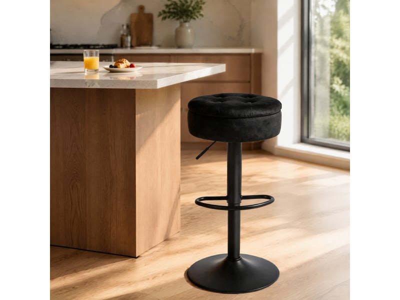  Tabouret de bar pivotant réglable avec rangement caché et repose-pieds en velours noir, 39 × 39 × 79,5 cm  - Conforama C