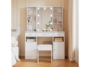 Grande coiffeuse avec éclairage led réglable, miroir et tabouret, 3 tiroirs et 2 portes, blanche, dimensions : h 151 cm × l 110 cm × p 40 cm