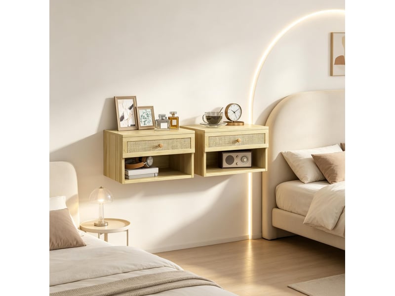  Lot de 2 chevets muraux suspendus en panneau de particules, coloris naturel, avec tiroirs et niches ouvertes  - Conforama B