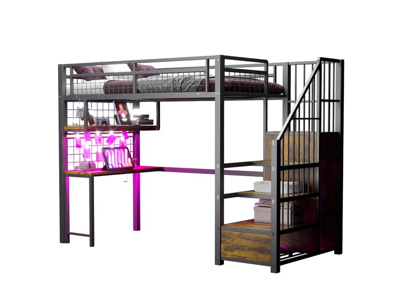  Lit mezzanine 90x200 cm avec bureau, éclairage et prise, métal noir sans matelas  - Conforama A