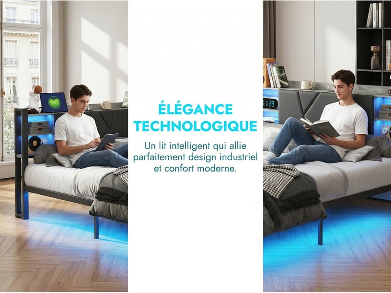  Lit 2 places 160x200 cm - pu noir - led rgb, usb et 2 tiroirs  - Conforama E