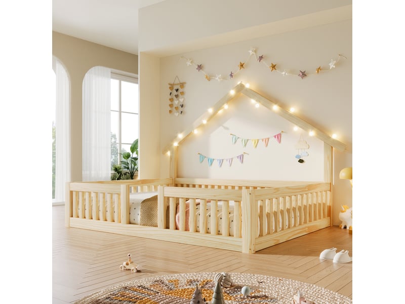 Lit maison 140x200 cm avec barrières de sécurité, lit au sol, guirlande led, bois naturel, sans matelas  - Conforama E