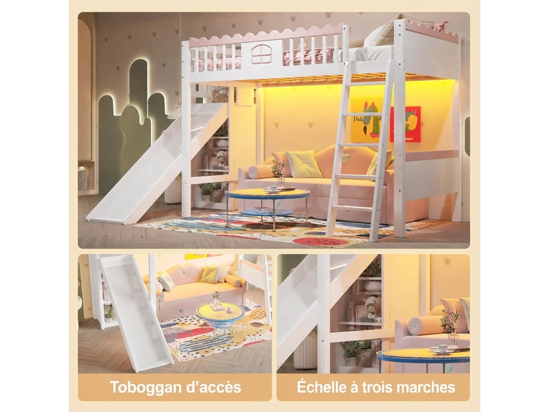  Lit mezzanine enfant avec toboggan, 90x200 cm, pin et mdf blanc, trois étagères et éclairage led  - Conforama D