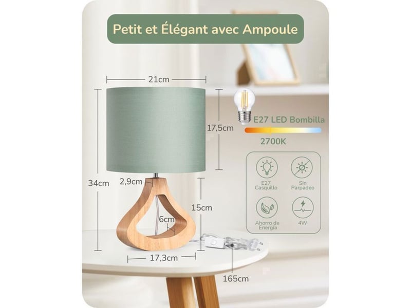  Lampe a poser t24019 vert amande chene clair abat-jour lin led 2700k 370618_AACFQ88114_6_DROPFR - Conforama D