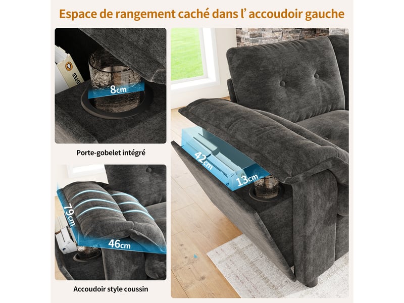  Canapé panoramique modulable 6 places avec rangements, usb, type c et led en chenille gris 312 × 142 × 82 cm  - Conforama E