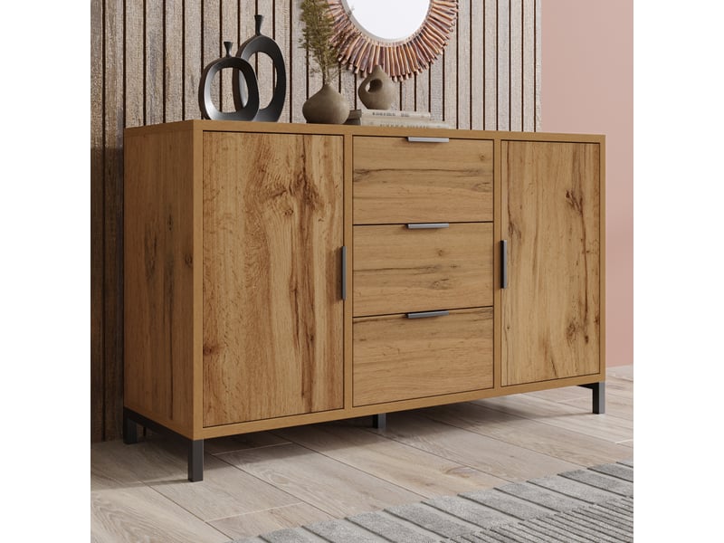  Buffet industriel chêne foncé 120 × 40 × 76 cm, 3 tiroirs et 2 portes IKSETERA TRADING LTD - Conforama E