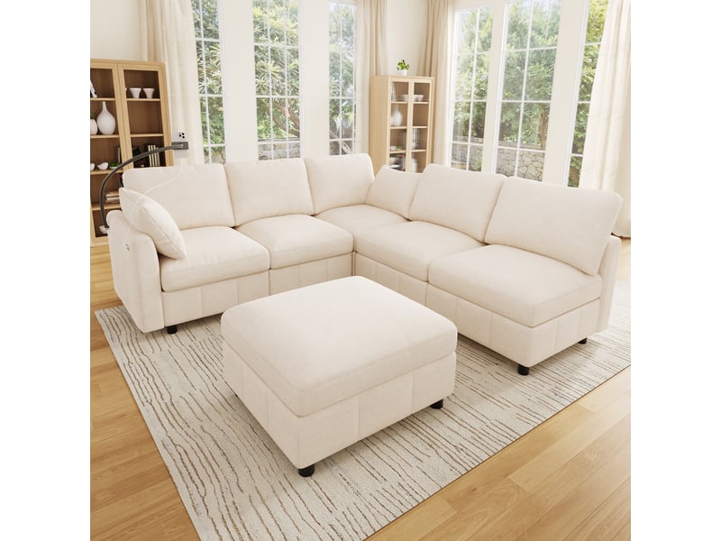  Canapé modulable convertible 6 places en chenille beige, 218 cm, usb-c et pouf IKSETERA TRADING LTD - Conforama E