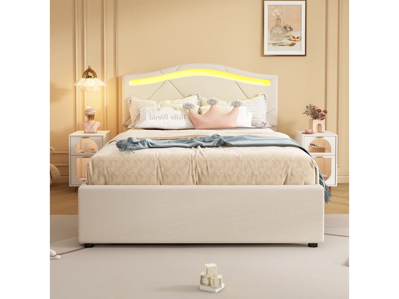  Lit capitonné 90x200cm, beige, sans matelas, led, deux tiroirs, tête réglable, lin et mdf, style minimaliste  - Conforama C