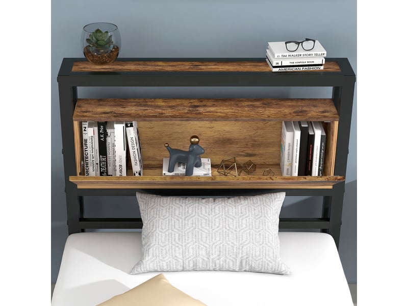 Lit 1 place 90x200cm, lit métal avec tête de lit et sommier, rangement, lit jeune, noir+marron - Conforama E