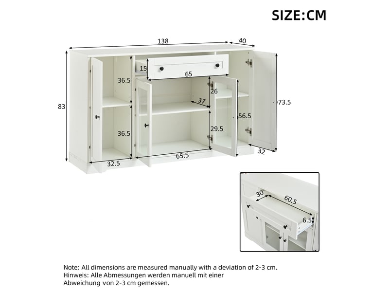  Buffet 138x40x83 cm, 4 portes, 1 tiroir, portes vitrées, mdf et panneau de particules, blanc, design moderne, rangement  - Conforama C